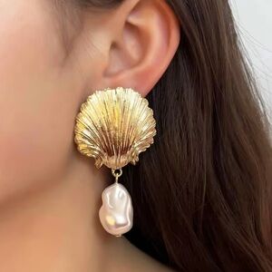 Zara Gold Shell Earrings with Pearl Drop